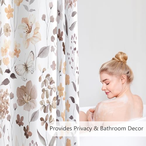 MAYZUS Brown Floral Shower Curtain, Fall Flower Fabric Shower Curtains for Bathroom, Taupe Wildflower Butterfly Cloth Shower Curtain Set with Hooks, 72x72 - Image 3