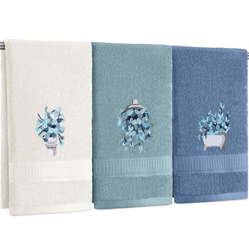 FuWeave 3 Pcs Blue Eucalyptus Leaves Hand Towels Botanical Bathroom Decor Embroidered Floral Leaves Farmhouse Blue Decorative Towels for Bathroom Kitchen, 100% Cotton, 13.3 x 29.5'' - Image 1