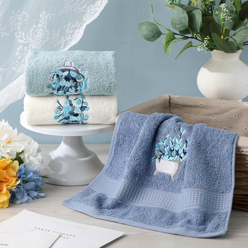 FuWeave 3 Pcs Blue Eucalyptus Leaves Hand Towels Botanical Bathroom Decor Embroidered Floral Leaves Farmhouse Blue Decorative Towels for Bathroom Kitchen, 100% Cotton, 13.3 x 29.5'' - Image 4