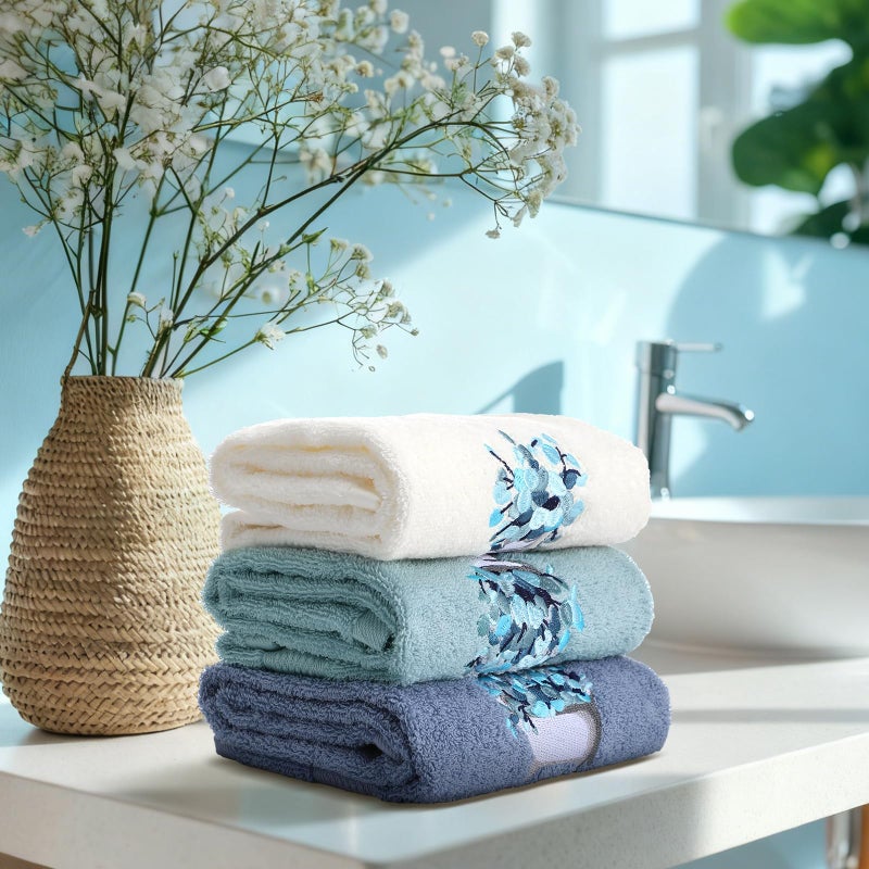 FuWeave 3 Pcs Blue Eucalyptus Leaves Hand Towels Botanical Bathroom Decor Embroidered Floral Leaves Farmhouse Blue Decorative Towels for Bathroom Kitchen, 100% Cotton, 13.3 x 29.5'' - Image 5