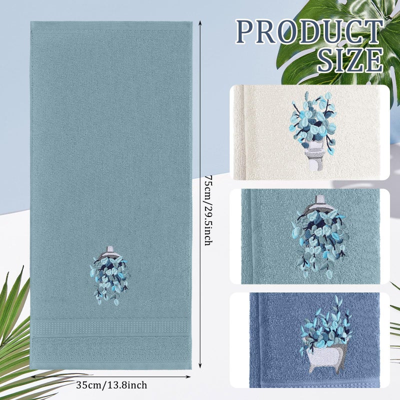 FuWeave 3 Pcs Blue Eucalyptus Leaves Hand Towels Botanical Bathroom Decor Embroidered Floral Leaves Farmhouse Blue Decorative Towels for Bathroom Kitchen, 100% Cotton, 13.3 x 29.5'' - Image 2