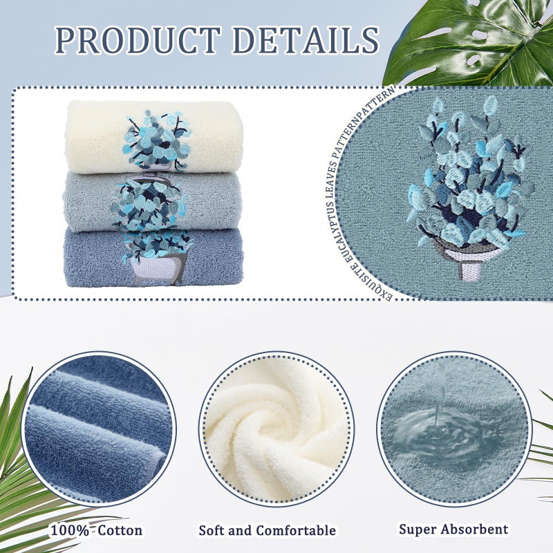 FuWeave 3 Pcs Blue Eucalyptus Leaves Hand Towels Botanical Bathroom Decor Embroidered Floral Leaves Farmhouse Blue Decorative Towels for Bathroom Kitchen, 100% Cotton, 13.3 x 29.5'' - Image 3