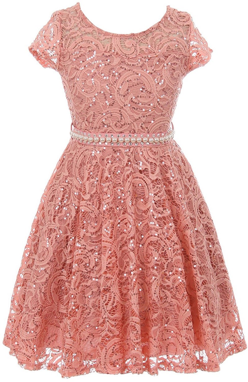 iGirlDress Cap Sleeve Floral Lace Glitter Pearl Holiday Party Flower Girl Dress Rose Size 10