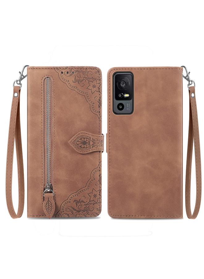 جرين تايجر جراب هاتف جلدي بسحاب مزخرف بزهرة منقوش لهاتف TCL 40 XE (بني)