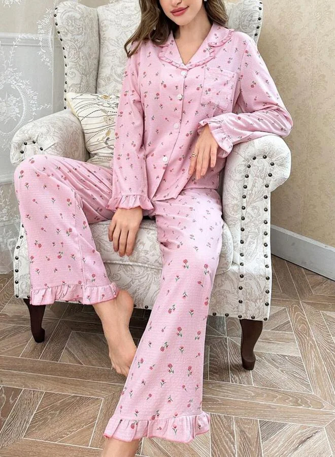 Take Two  Pink Floral Print Shirt and Ruffle Hem Pyjama Set for Women | Best Price UAE