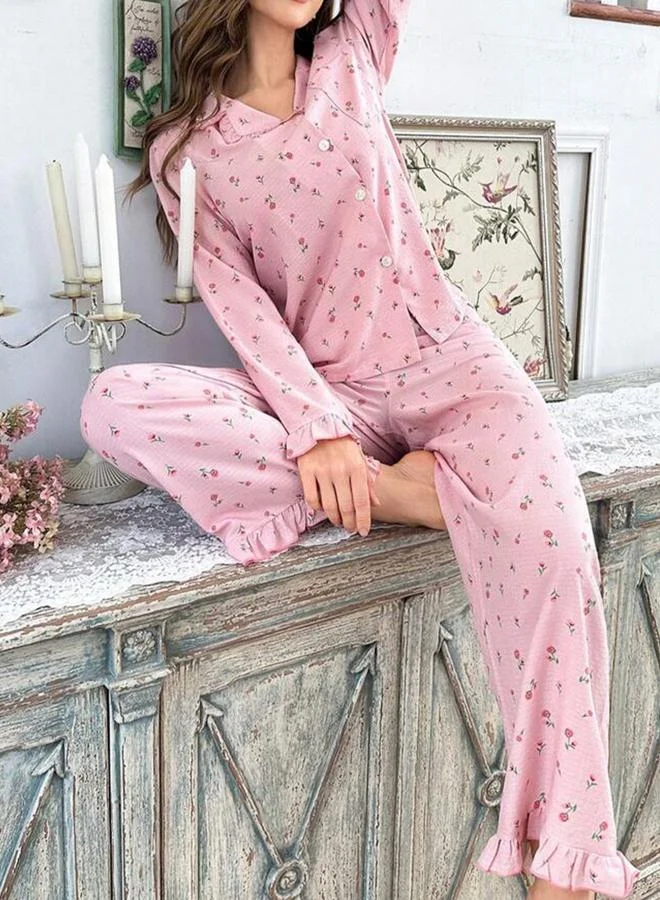 Take Two  Pink Floral Print Shirt and Ruffle Hem Pyjama Set for Women | Best Price UAE