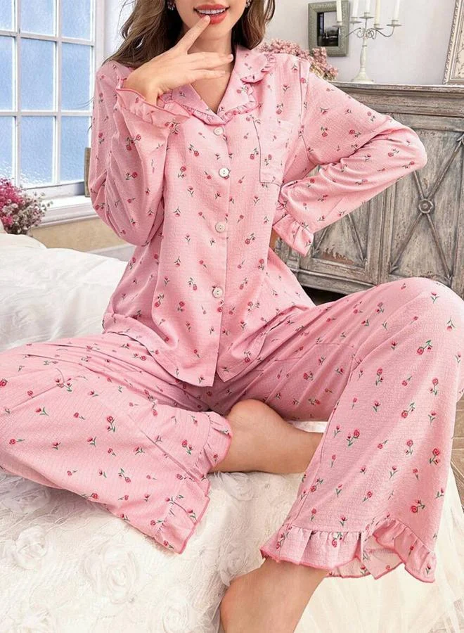 Take Two  Pink Floral Print Shirt and Ruffle Hem Pyjama Set for Women | Best Price UAE