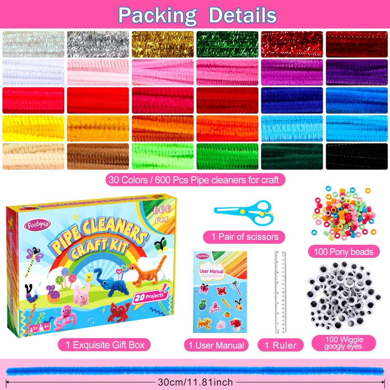 Funtopia 800pcs Pipe Cleaners Crafts Kit, 30 Colors Pipe Cleaners Bulk with 20 Designs Instruction Book, Colorful Chenille Stems for Animal Flower Creative Projects DIY, Arts and Crafts for Kids Ages 4-12 - Image 3
