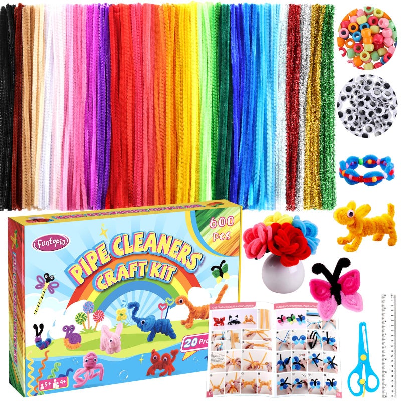 Funtopia 800pcs Pipe Cleaners Crafts Kit, 30 Colors Pipe Cleaners Bulk with 20 Designs Instruction Book, Colorful Chenille Stems for Animal Flower Creative Projects DIY, Arts and Crafts for Kids Ages 4-12 - Image 1