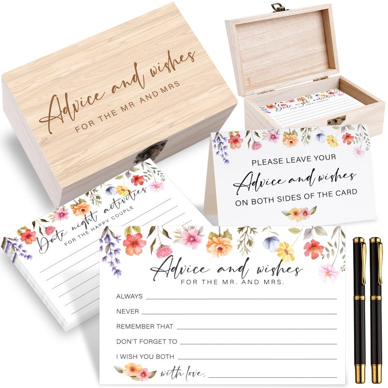 Jectivs 85 Pcs Advice and Wishes Cards Wooden Box Set for The Mr and Mrs,Pink Floral Rose Advice and Wishes Cards with Pen for the Groom and Bride,Bridal Shower Game,Wedding Party Decorations Supplies - Image 1