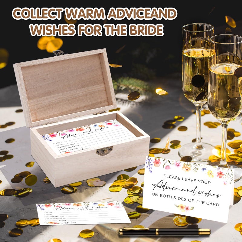 Jectivs 85 Pcs Advice and Wishes Cards Wooden Box Set for The Mr and Mrs,Pink Floral Rose Advice and Wishes Cards with Pen for the Groom and Bride,Bridal Shower Game,Wedding Party Decorations Supplies - Image 3