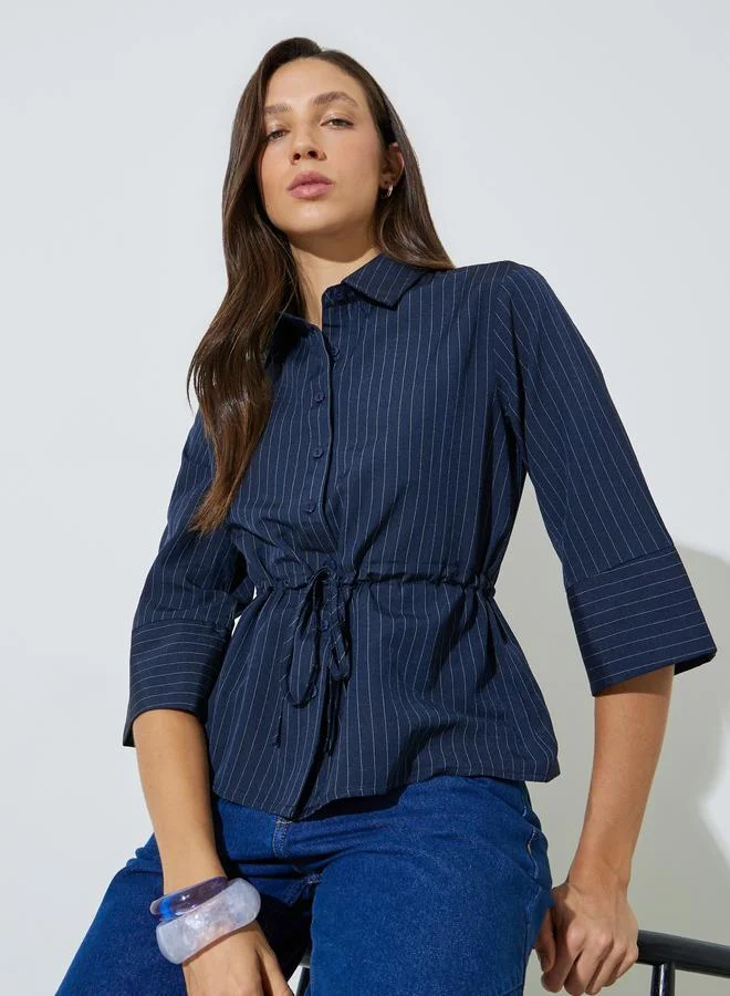 Styli Navy Pinstripe 3/4 Sleeve Shirt with Drawstring Waist