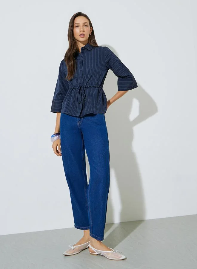Styli Navy Pinstripe 3/4 Sleeve Shirt with Drawstring Waist