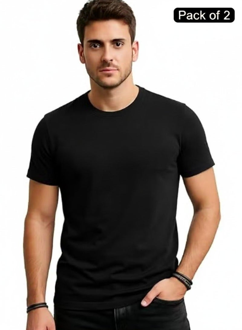 Code Yellow Pack of 2 Premium Cotton Round Neck T-Shirt 180 GSM Bio-Washed Black Half Sleeve - Image 1