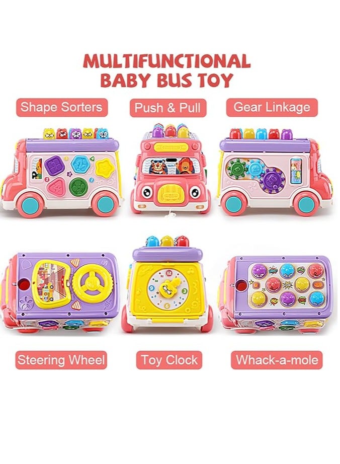 Arabest Music Activity Bus Baby Toy, Infant Education Learn Car, Sound & Light, Interactive Game, Shape Sorter, Animal Matching, Holiday Birthday Present for Toddler Kid Boy Girl 3 4 5 6 7 Years (Pink) - Image 2
