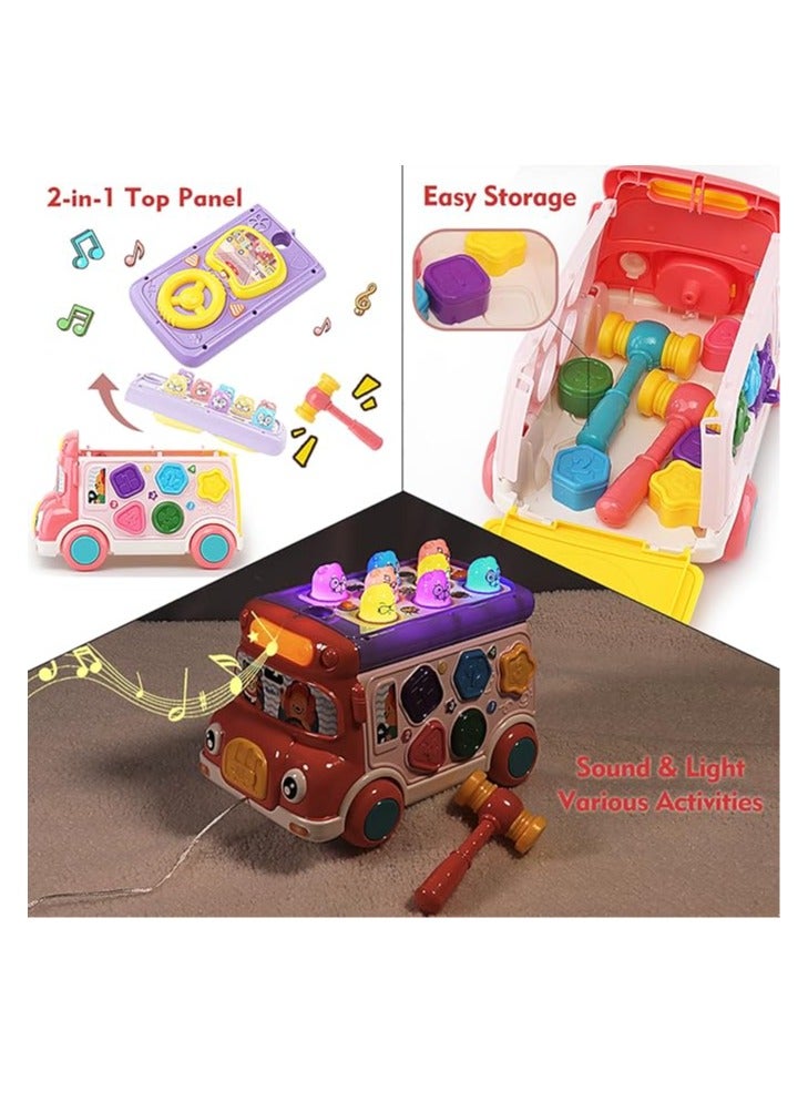Arabest Music Activity Bus Baby Toy, Infant Education Learn Car, Sound & Light, Interactive Game, Shape Sorter, Animal Matching, Holiday Birthday Present for Toddler Kid Boy Girl 3 4 5 6 7 Years (Pink) - Image 4