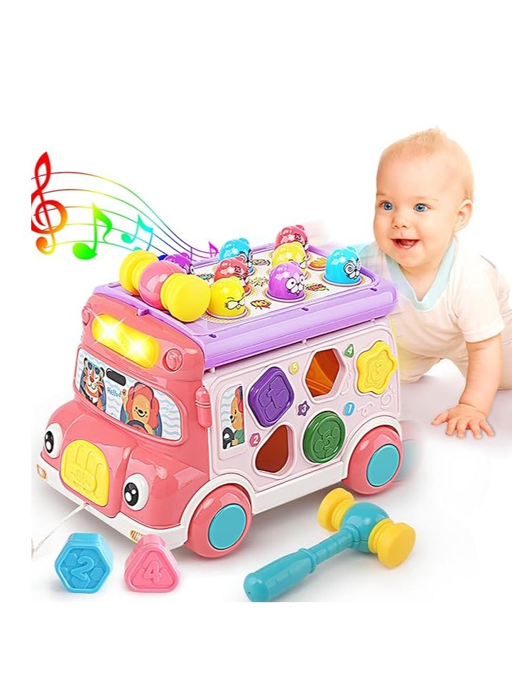 Arabest Music Activity Bus Baby Toy, Infant Education Learn Car, Sound & Light, Interactive Game, Shape Sorter, Animal Matching, Holiday Birthday Present for Toddler Kid Boy Girl 3 4 5 6 7 Years (Pink) - Image 1