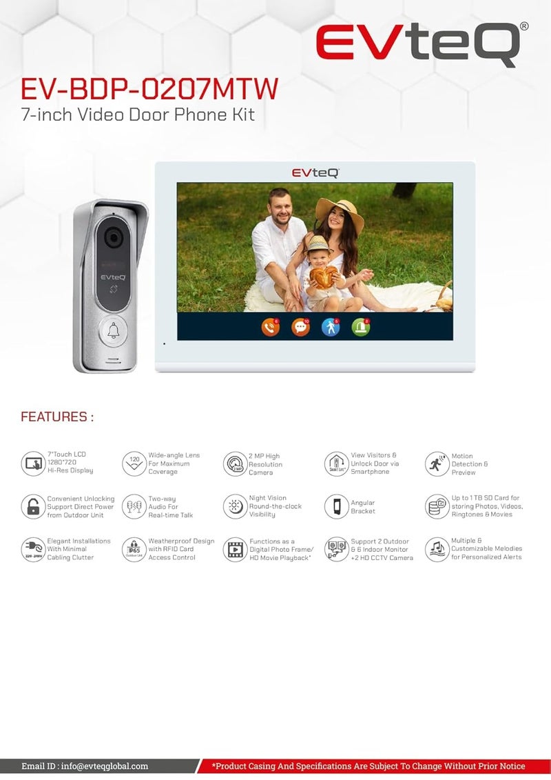 EV-BDP-0207MTW 7-inch Touch Video Door Phone Kit with Memory & 1TB SD Card Support, 2MP Camera, RFID Access, Smartphone Control, Motion Detection