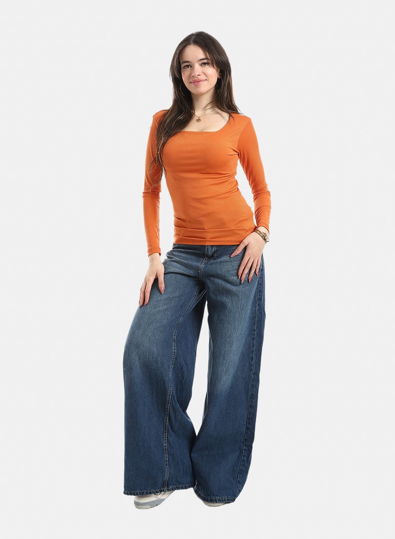 Andora Long Sleeves Ribbed Top - Orange - Image 5