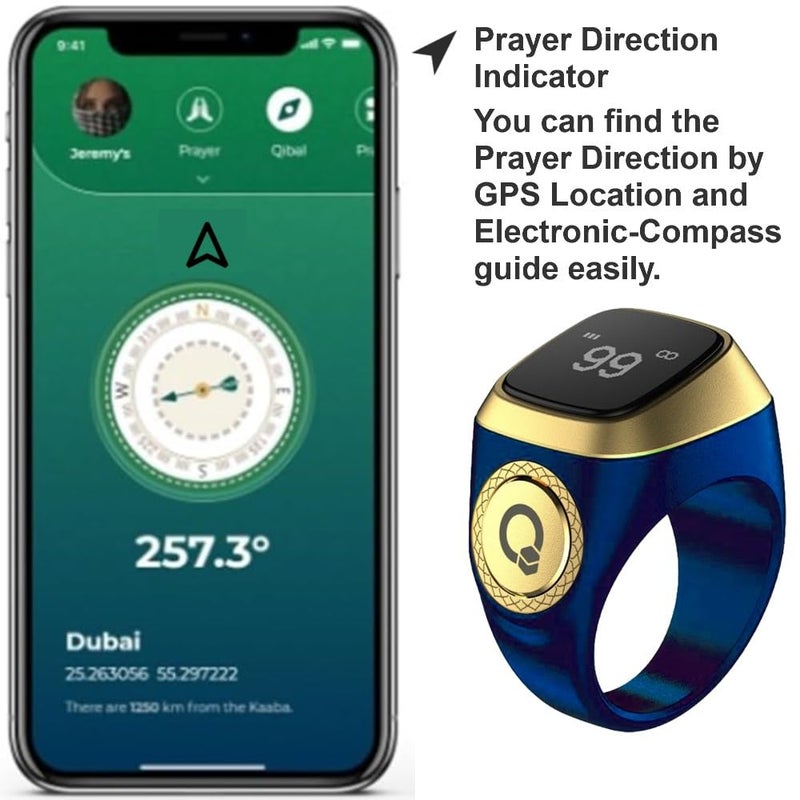 TBSoon Prayer Smart Ring, Lucky Ring, Watch Ring, Smart Tasbih Beads Ring, Prayer Counters,5 Prayer Time Azan Reminder Alarm Clocks,Prayer Direction Indicator Guide,Large Battery,OLED Display, 22 mm, Plastic - Image 5