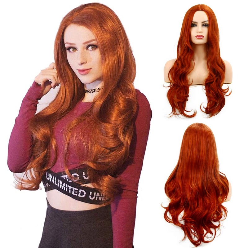 Baruisi Orange Wigs for Women Long Curly Wavy Synthetic Hair Natural Middle Parting Heat Resistant Costume Cosplay Wig - Image 1