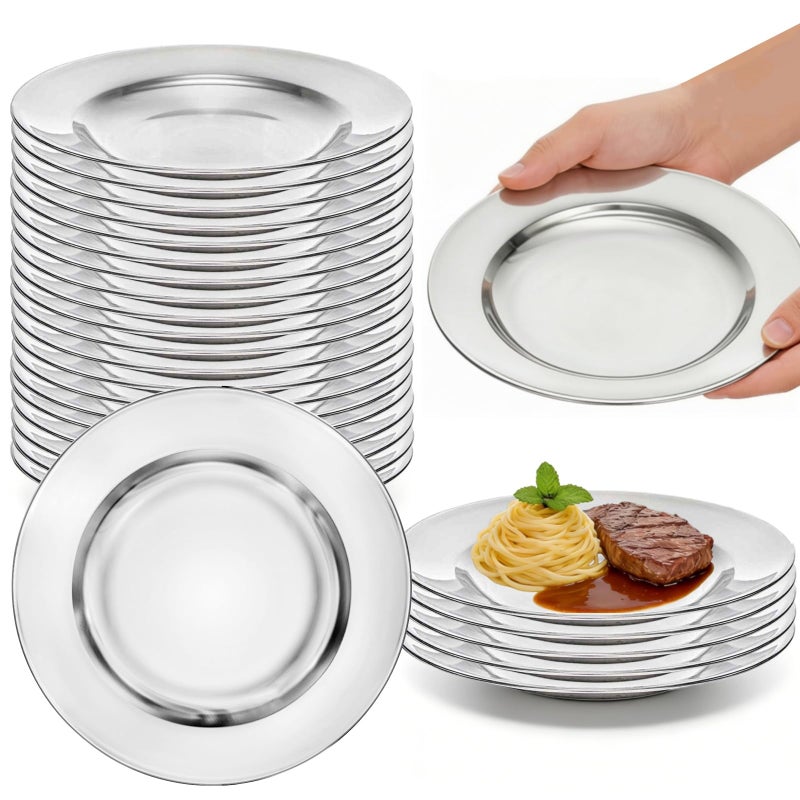 ZAVOOS 24 Pack Stainless Steel Dinner Plates, 8 Inch Metal Lightweight Unbreakable Camping Dishes, Round Reusable Serving Platter Feeding Tray for Home, Picnic, BBQ, Dishwasher Safe - Image 1