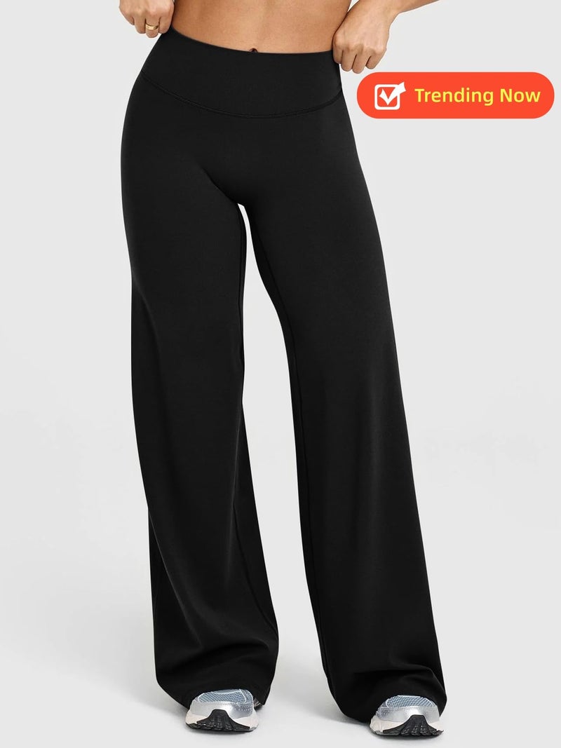 BumpGlow Women Straight Leggings Bottoms Wide Leg Pants High Waist Stretchy Comfy No Front Seam Yoga Workout Sweatpants Black-M - Image 3