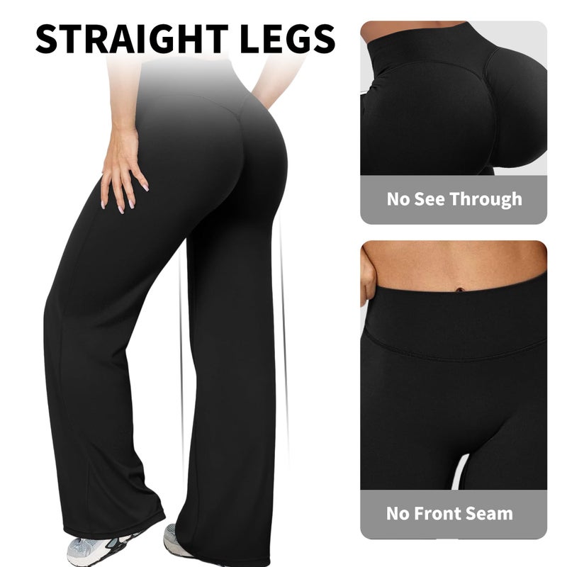 BumpGlow Women Straight Leggings Bottoms Wide Leg Pants High Waist Stretchy Comfy No Front Seam Yoga Workout Sweatpants Black-M - Image 4