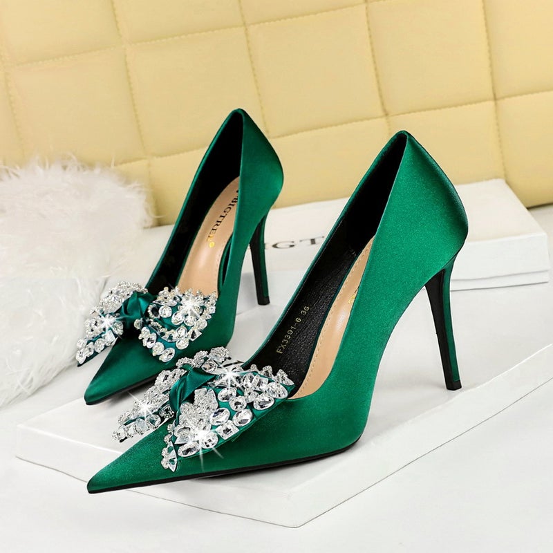 Fashion Banquet High Heels Satin Pointed Toe Diamond Bow Womens Pumps Green