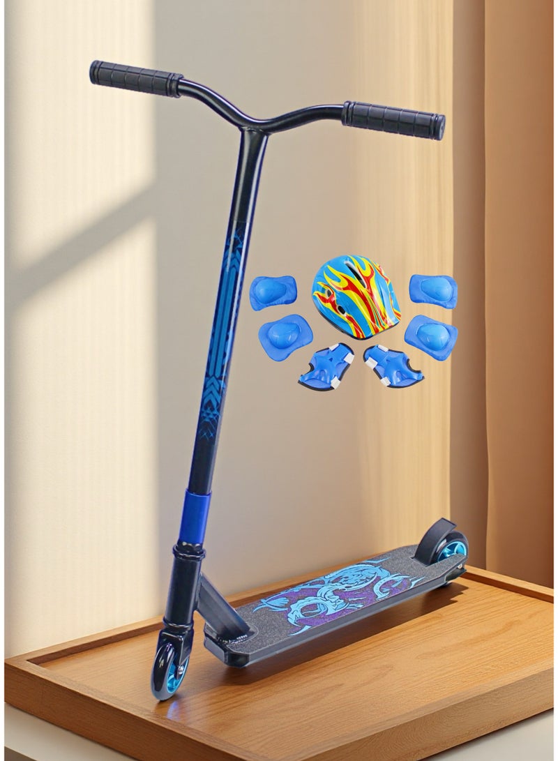 إيزي فيتشور سكوتر EASY FUTURE Freestyle Stunt - سكوتر احترافي ثنائي العجلات للحيل مع سطح قبضة من الألومنيوم، وعجلات معدنية 110 مم، وقضيب T عريض، وفرامل فولاذية، وحركات بهلوانية خفيفة الوزن 360 درجة، مثالي للمبتدئين إلى المتوسطين بما في ذلك مجموعة معدات الحماية الكاملة - Image 1