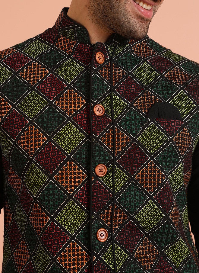 KISAH كيساه كورتا مستقيم وسروال مع سترة نهرو مطرزة - Image 3