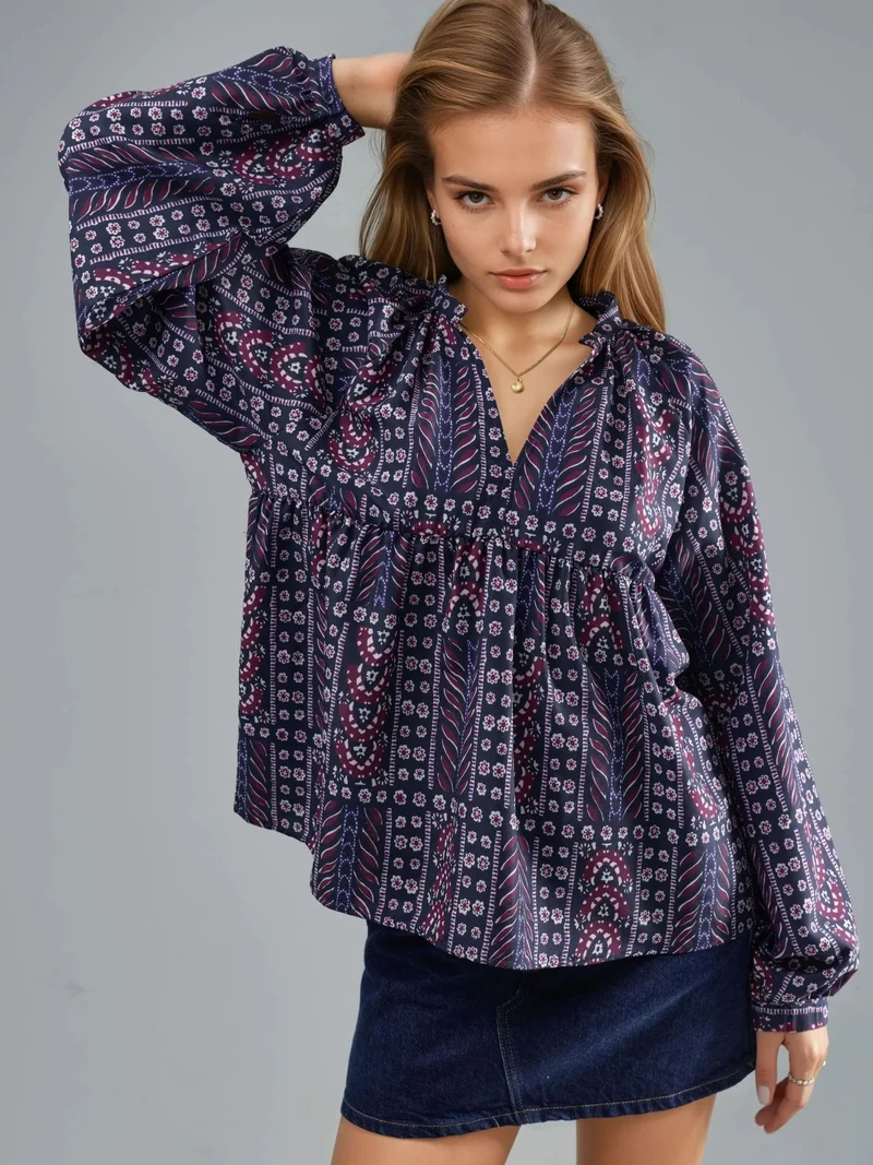 هيكاب Balloon Sleeve Patterned Blouse