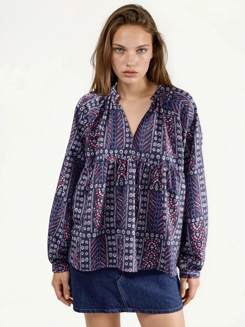 Balloon Sleeve Patterned Blouse