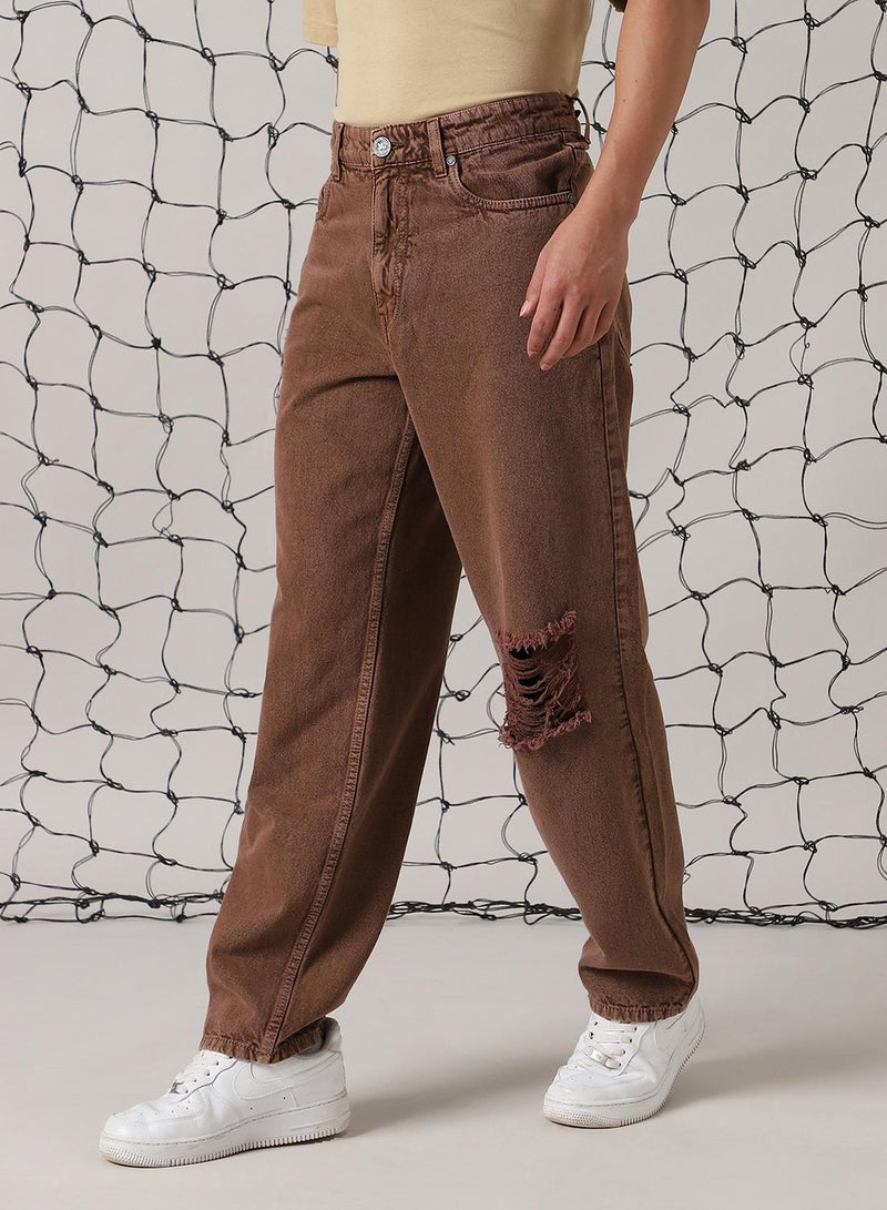 Hubberholme Men's Brown 100% Cotton Distressed Full Length Relaxed Fit Jeans  - Image 2