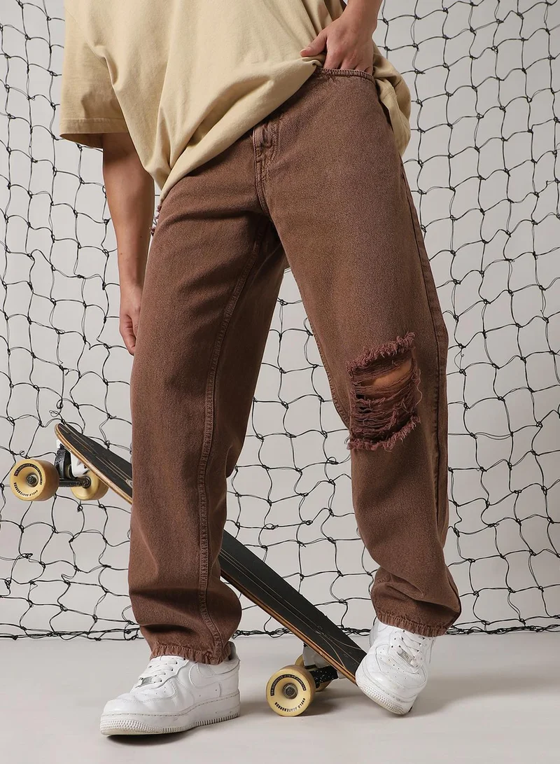 Hubberholme Men's Brown 100% Cotton Distressed Full Length Relaxed Fit Jeans