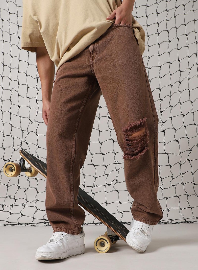 Hubberholme Men's Brown 100% Cotton Distressed Full Length Relaxed Fit Jeans  - Image 5