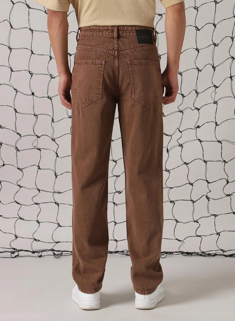 Hubberholme Men's Brown 100% Cotton Distressed Full Length Relaxed Fit Jeans