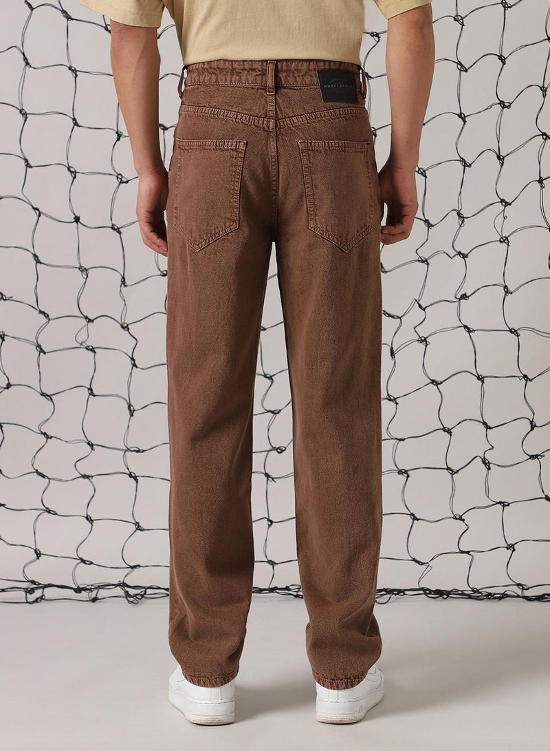 Hubberholme Men's Brown 100% Cotton Distressed Full Length Relaxed Fit Jeans  - Image 3