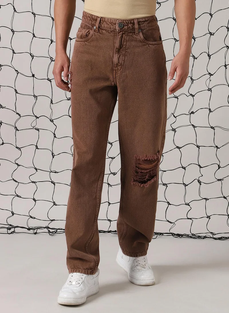Hubberholme Men's Brown 100% Cotton Distressed Full Length Relaxed Fit Jeans