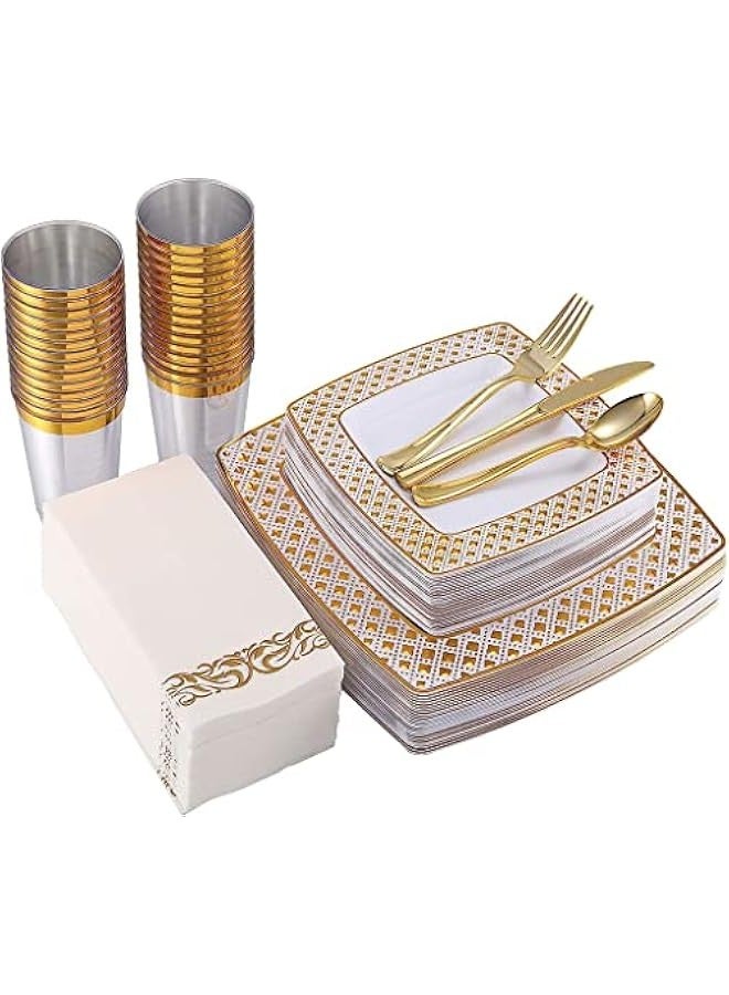بيوينتي سيكون مجموعة ادوات مائدة مربعة ذهبية وابيض للاستعمال مرة واحدة مكونة من 175 قطعة - مجموعة اطباق بلاستيكية فاخرة للاستعمال مرة واحدة، مجموعة عشاء تقديم 25 ضيف، مجموعة ادوات مائدة للحفلات (ذهبي) - Image 1