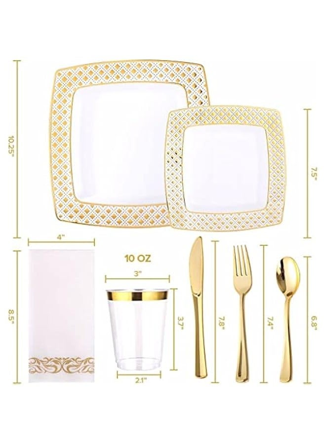 بيوينتي سيكون مجموعة ادوات مائدة مربعة ذهبية وابيض للاستعمال مرة واحدة مكونة من 175 قطعة - مجموعة اطباق بلاستيكية فاخرة للاستعمال مرة واحدة، مجموعة عشاء تقديم 25 ضيف، مجموعة ادوات مائدة للحفلات (ذهبي) - Image 2