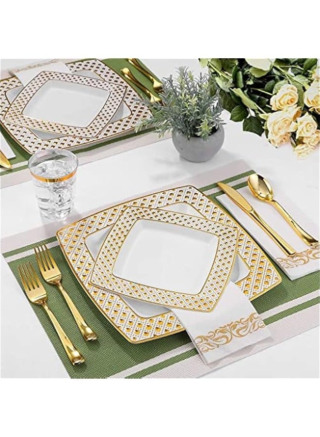 بيوينتي سيكون مجموعة ادوات مائدة مربعة ذهبية وابيض للاستعمال مرة واحدة مكونة من 175 قطعة - مجموعة اطباق بلاستيكية فاخرة للاستعمال مرة واحدة، مجموعة عشاء تقديم 25 ضيف، مجموعة ادوات مائدة للحفلات (ذهبي) - Image 3