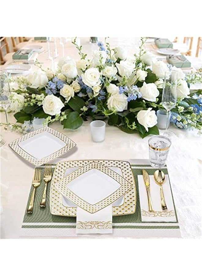 بيوينتي سيكون مجموعة ادوات مائدة مربعة ذهبية وابيض للاستعمال مرة واحدة مكونة من 175 قطعة - مجموعة اطباق بلاستيكية فاخرة للاستعمال مرة واحدة، مجموعة عشاء تقديم 25 ضيف، مجموعة ادوات مائدة للحفلات (ذهبي) - Image 4