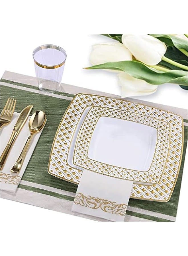بيوينتي سيكون مجموعة ادوات مائدة مربعة ذهبية وابيض للاستعمال مرة واحدة مكونة من 175 قطعة - مجموعة اطباق بلاستيكية فاخرة للاستعمال مرة واحدة، مجموعة عشاء تقديم 25 ضيف، مجموعة ادوات مائدة للحفلات (ذهبي) - Image 5