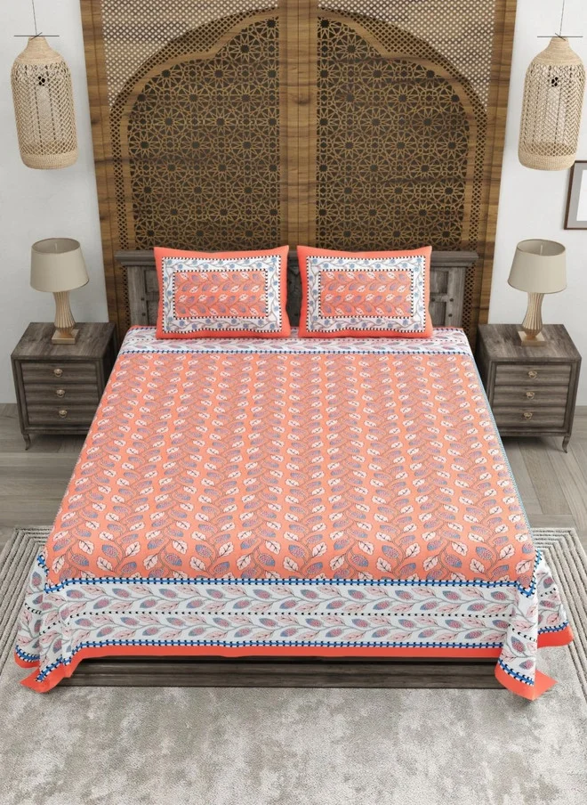 CLOTHOLOGY CLOTHOLOGY Peach & White Printed Pure Cotton 180 TC King Bedsheet Set