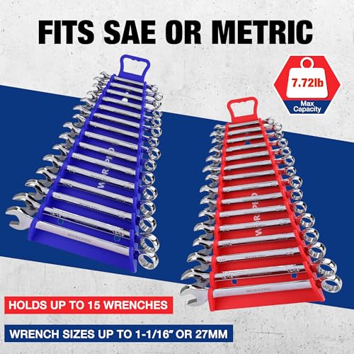 WORKPRO Magnetic Wrench Organizer, 15-Slot Gripper Reverse Wrench Holder for Tool Box, 2-Pack Wrench Rack Fits SAE (1/4” to 1-1/16") and Metric (6mm to 27mm), Flexible Grips, Blue and Red - Image 4