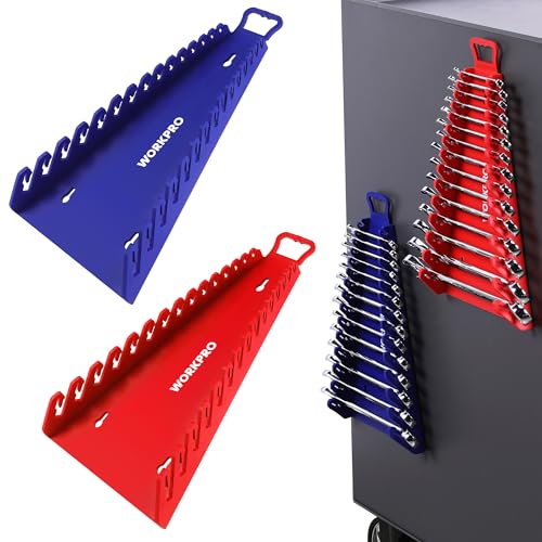 WORKPRO Magnetic Wrench Organizer, 15-Slot Gripper Reverse Wrench Holder for Tool Box, 2-Pack Wrench Rack Fits SAE (1/4” to 1-1/16") and Metric (6mm to 27mm), Flexible Grips, Blue and Red - Image 1