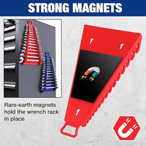 WORKPRO Magnetic Wrench Organizer, 15-Slot Gripper Reverse Wrench Holder for Tool Box, 2-Pack Wrench Rack Fits SAE (1/4” to 1-1/16") and Metric (6mm to 27mm), Flexible Grips, Blue and Red - Image 3