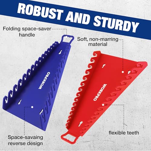 WORKPRO Magnetic Wrench Organizer, 15-Slot Gripper Reverse Wrench Holder for Tool Box, 2-Pack Wrench Rack Fits SAE (1/4” to 1-1/16") and Metric (6mm to 27mm), Flexible Grips, Blue and Red - Image 5