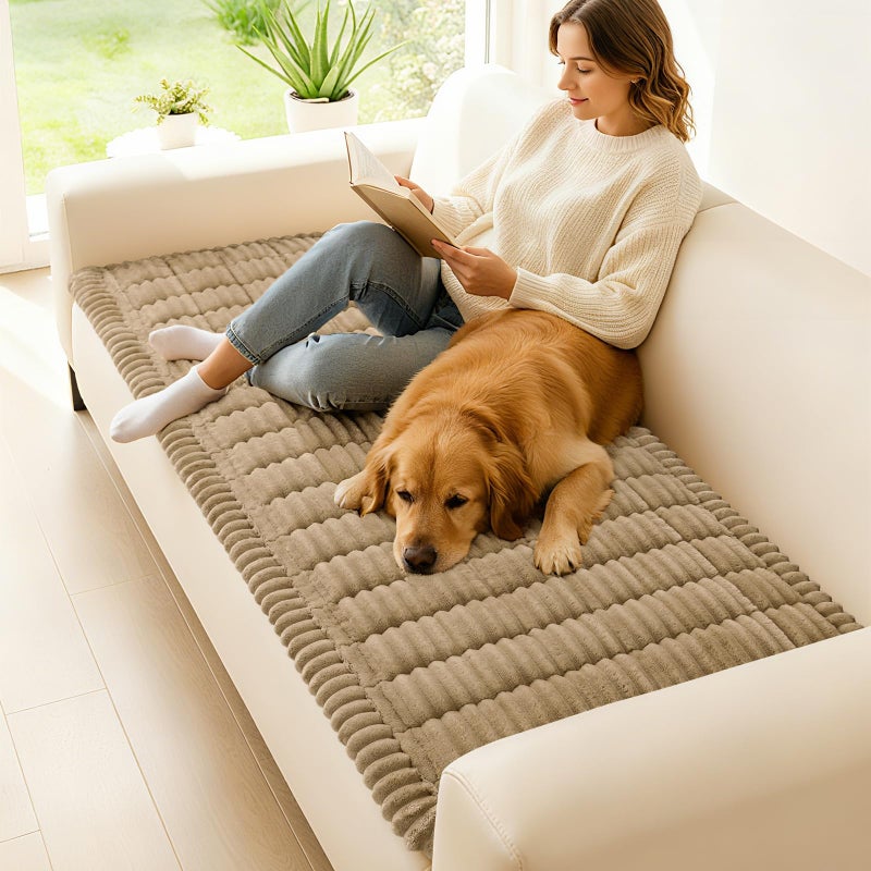 hyha Couch Covers for Dogs Washable, Non Slip Plush Dog Sofa Protectors, Fuzzy Pet Couch Covers for 3 Cushion Sofa Pet Friendly (Khaki, 27.6" x 88") - Image 2
